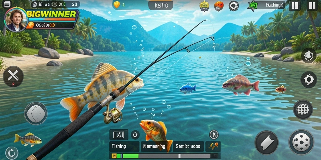 Tampilan gameplay BIGWINNER, dengan aksi memancing yang seru.