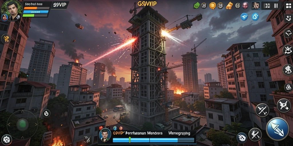 Tampilan gameplay G9VIP dengan pertahanan menara yang dinamis.